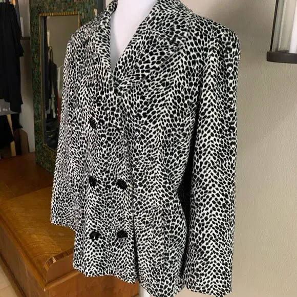 Vintage Sz L Animal Print Leopard Velvet Double Breasted Blazer Jacket Black Wht - Picture 6 of 16